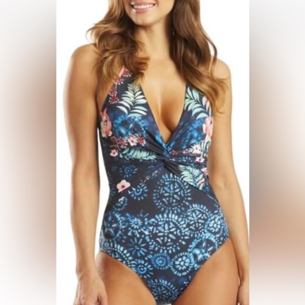 NWT $198 Johnny Was Annia Twist Tropical Floral One Piece Size XS Swimsuit Multi